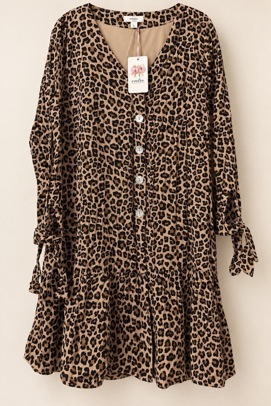 NWT Entro Leopard Print Button Front Tiered Mini Dress Tie Sleeve Large